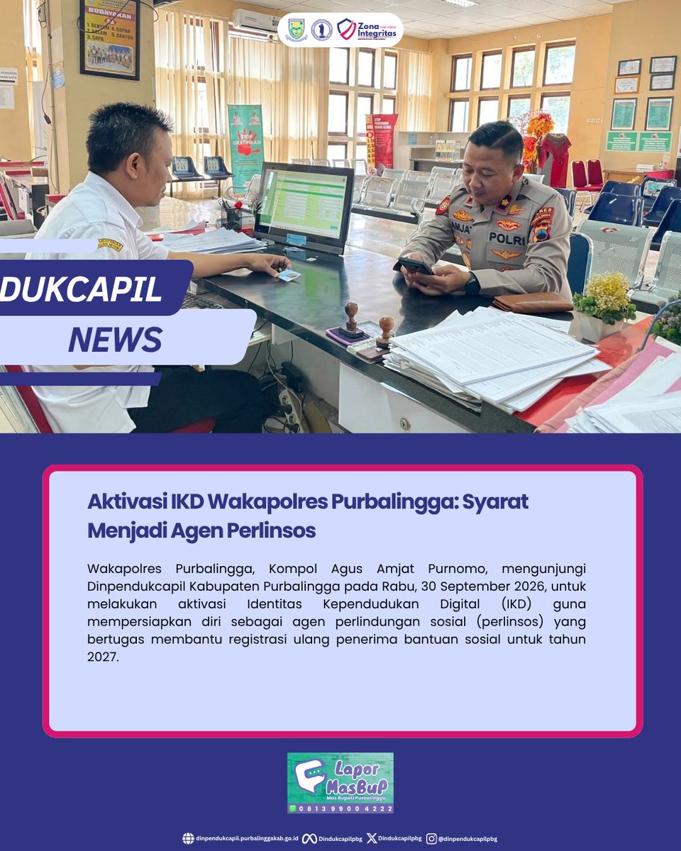 DindukcapilPbg's tweet photo. Wakapolres Purbalingga, Kompol Agus Amjat Purnomo, S.H., M.M., melaksanakan kunjungan langsung ke Dinpendukcapil Purbalingga untuk melakukan aktivasi IKD pada Rabu, 30 September 2026 kemarin.
https://t.co/Yfym2Bu1SF
#DukcapilPurbalingga #PemkabPurbalingga #Purbalingga #IKD https://t.co/VI1CK2oq3x