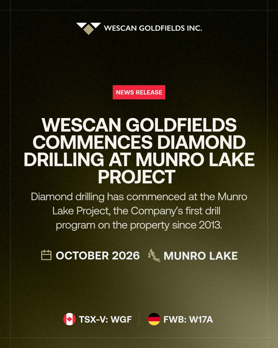 WescanGold's tweet photo. NEWS RELEASE: Wescan Goldfields Commences Diamond Drilling at Munro Lake Project

https://t.co/ikskXomNtu

🇨🇦 $WGF.V 🇩🇪 $W17A #news #exploration #saskatchewan #gold #drilling https://t.co/kDvqcbVjML