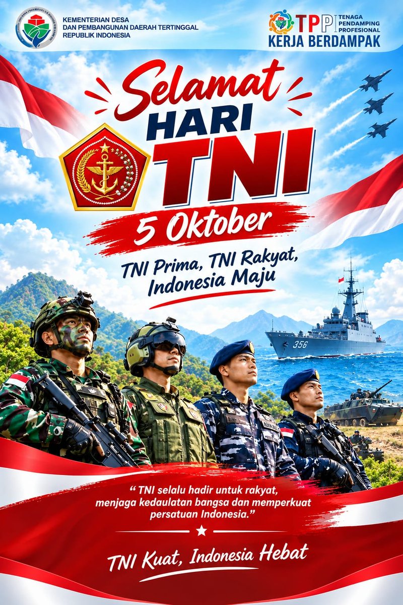 RamadhanAz37722's tweet photo. DIRGAHAYU TNI RI 2026
TNI dari rakyat mengayomi rakyat dan menjaga keamanan rakyat, untuk Desa dan Indonesia 
#DirgahayuTNI
#KemendesaPDT
#TPPKerjaBerdampak https://t.co/n18YO2xFA5