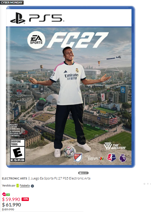 MichiOfertasCL's tweet photo. CYBER FALABELLA: Juego Ea Sports Fc 27 PS5 Electronic Arts por $59.990 usando cmr falabella

Link directo: https://t.co/DHKsFbX9kB

#gaming #ofertas #playstation #cyberday https://t.co/Zol7IZm122