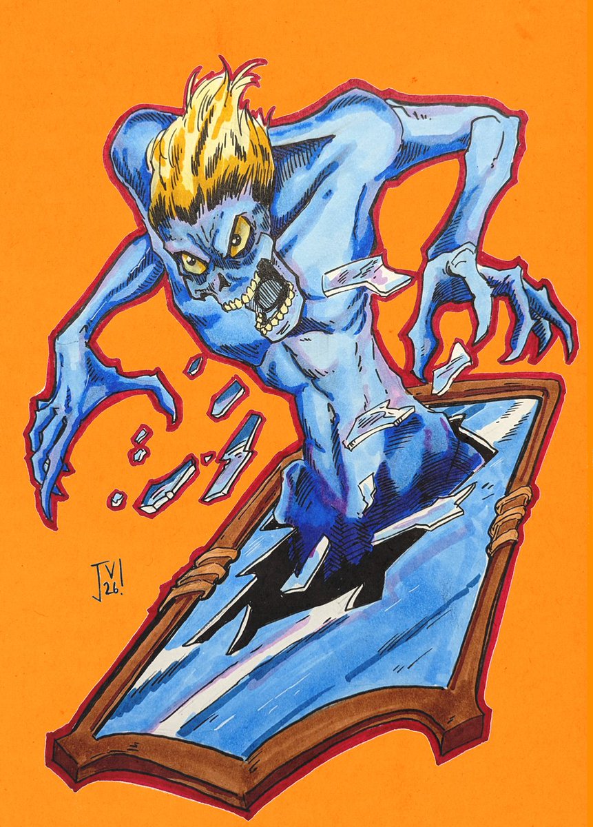 jvninja01's tweet photo. Alright for today I went with traditional ink and markers. The idea is a ghoul who is released from a broken mirror! #frightfall2026 @retrosupply #inktober #pinuptober @clipstudioofficial #arthomies @toonskwad https://t.co/JsSSqFJAOx
