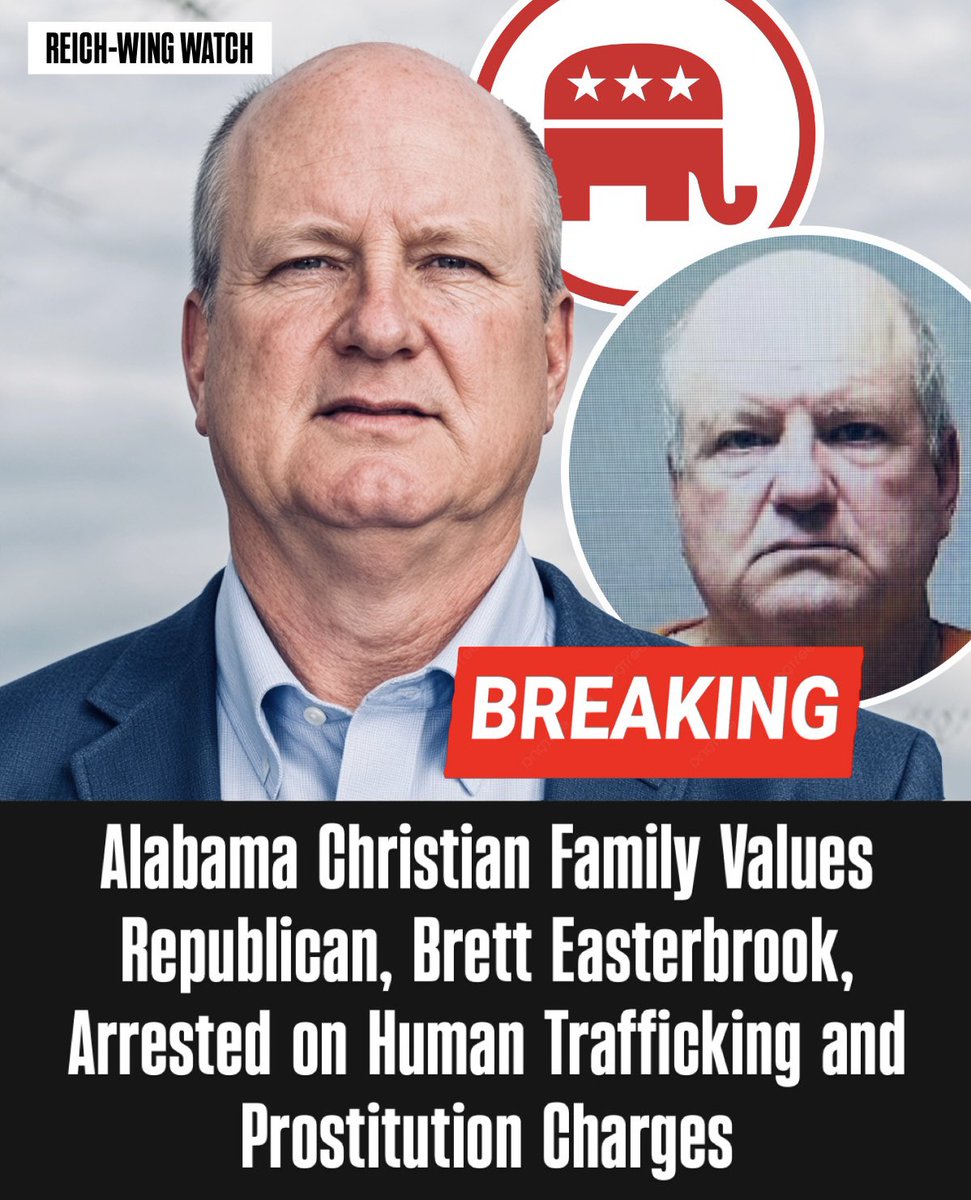 ReichWingWatch's tweet photo. 🚨Alabama Rep. Brett Easterbrook spent years positions himself as an enforcer of Christian “family values.” He sponsored the bill forcing trans girls to use boys bathrooms in schools. He voted to ban LGBTQ-inclusivity in classrooms, keep trans girls off girls’ teams, and make gender-affirming care for minors a felony.

On Oct. 2, police booked him for first-degree human trafficking and prostitution. Kory Wesley, president of the Satsuma City School Board, was also arrested on human trafficking charges.