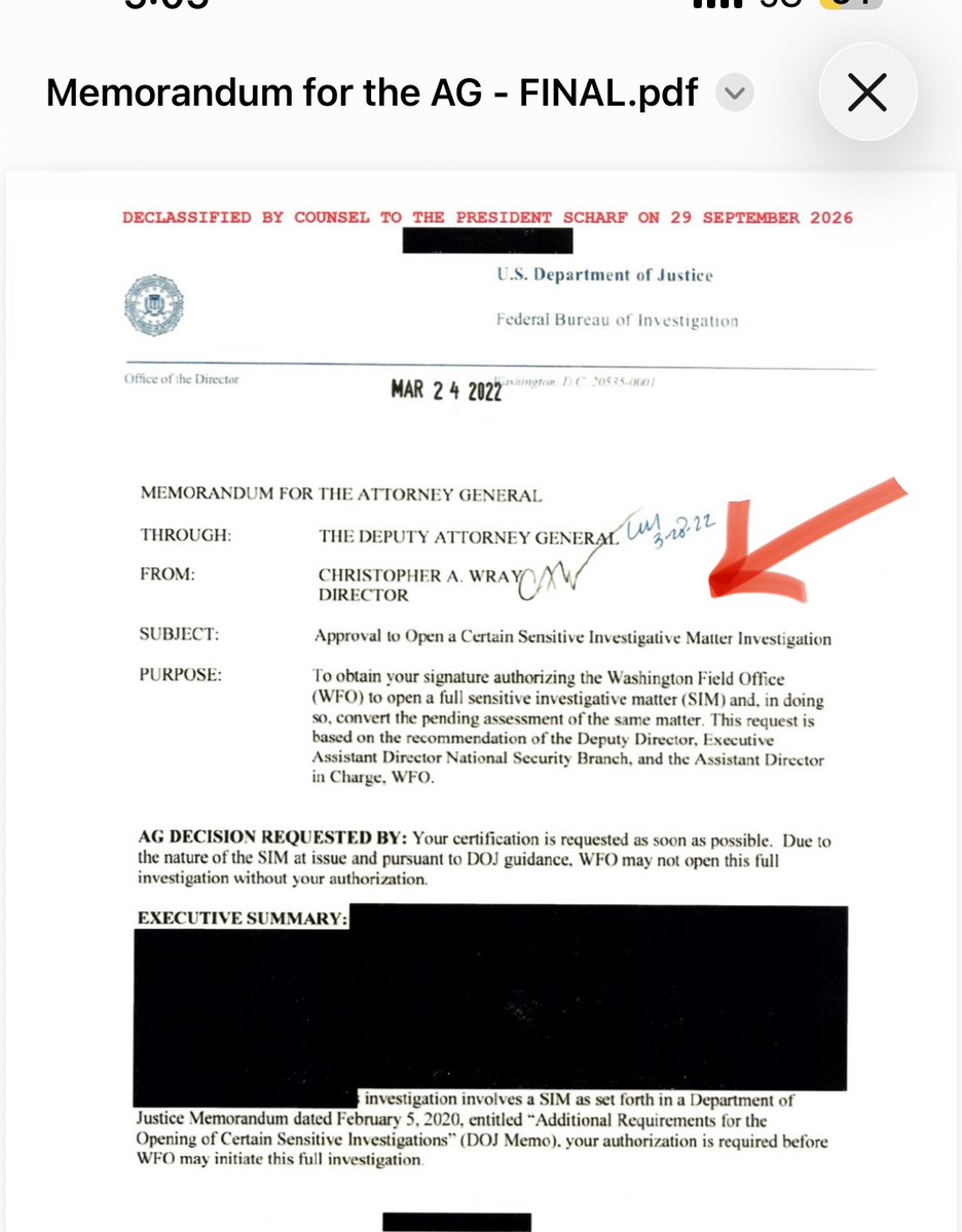 C__Herridge's tweet photo. Trump Probe: Approval Came From The TOP
- FBI, Biden DOJ Leadership

- Then FBI Director Wray Initials memo, Deputy AG Lisa Monaco initials, with note to then Attorney General Garland: 

"Merrick, I recommend you approve, Lisa 3/25/22"

While memo is heavily redacted, it reads in part: 

"Although members of the 45th Presidential
administration are no longer in office, the DOJ Memo states that the scope of this policy should be broadly construed to ensure that Department leadership is made aware of the opening of matters that could potentially be disruptive to the democratic process if publicly disclosed prior
to an election...."

Declassified via @WhiteHouse transparency task force