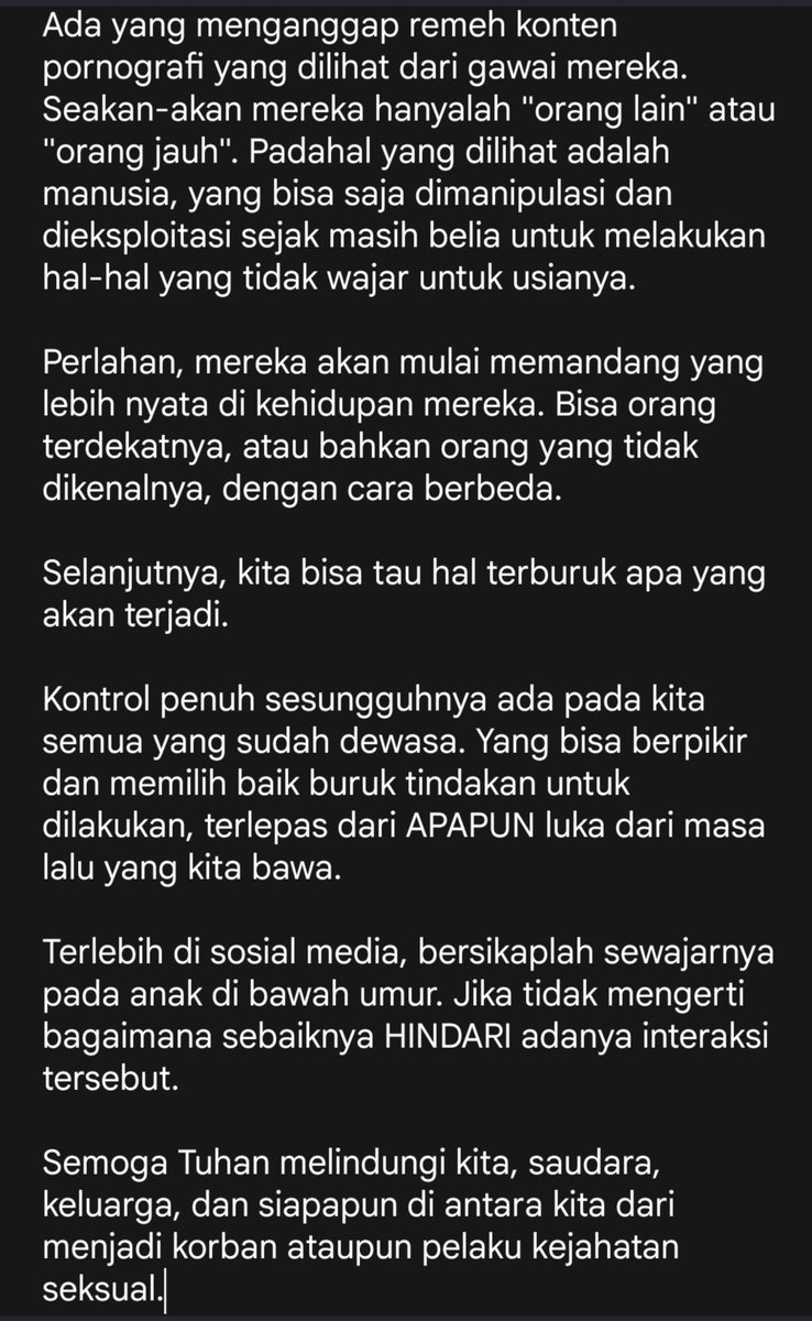 hanaaranya_'s tweet photo. Maaf kalau panjang.

Tapi semoga kalian ngerti kalau pendapat kalian bisa jadi melukai hati jutaan korban di luar sana yang harus hidup dengan trauma seumur hidupnya :) https://t.co/i2ljg229xq