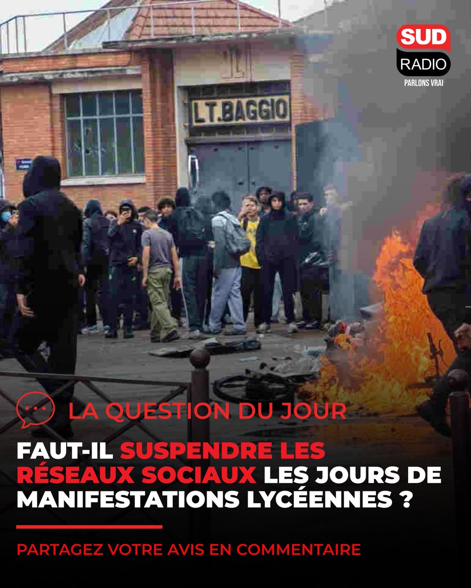 SudRadio's tweet photo. ❓Comme le suggère un maire, faut-il suspendre les réseaux sociaux les jours de manifestations lycéennes ?

📻 Vos réactions seront reprises dans le #GrandMatin de 7h à 10h avec @JacquesCardoze https://t.co/JA9MOlWMIF