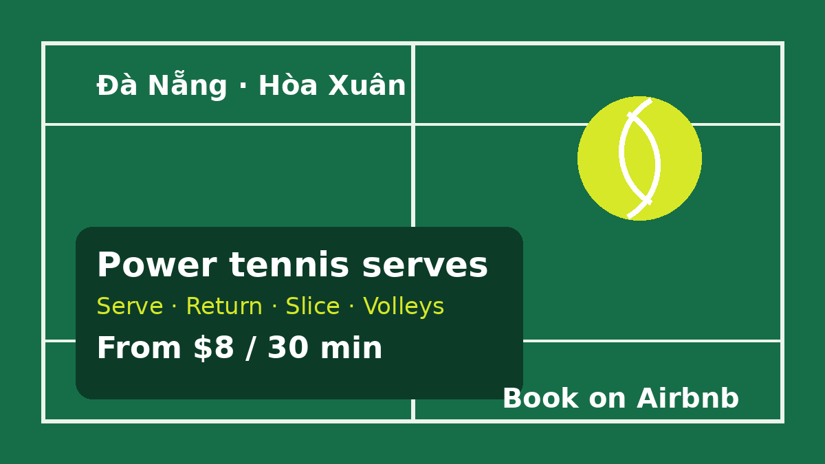 DuyLamLE1's tweet photo. New to tennis, or fixing old habits?

30-min coaching in Hòa Xuân, Đà Nẵng: serve, return, slice and volleys. From $8/guest, free cancellation up to 1 day before. Book on @Airbnb:
https://t.co/BIilzQm6U3

#Tennis #DaNang https://t.co/53PJfUV236