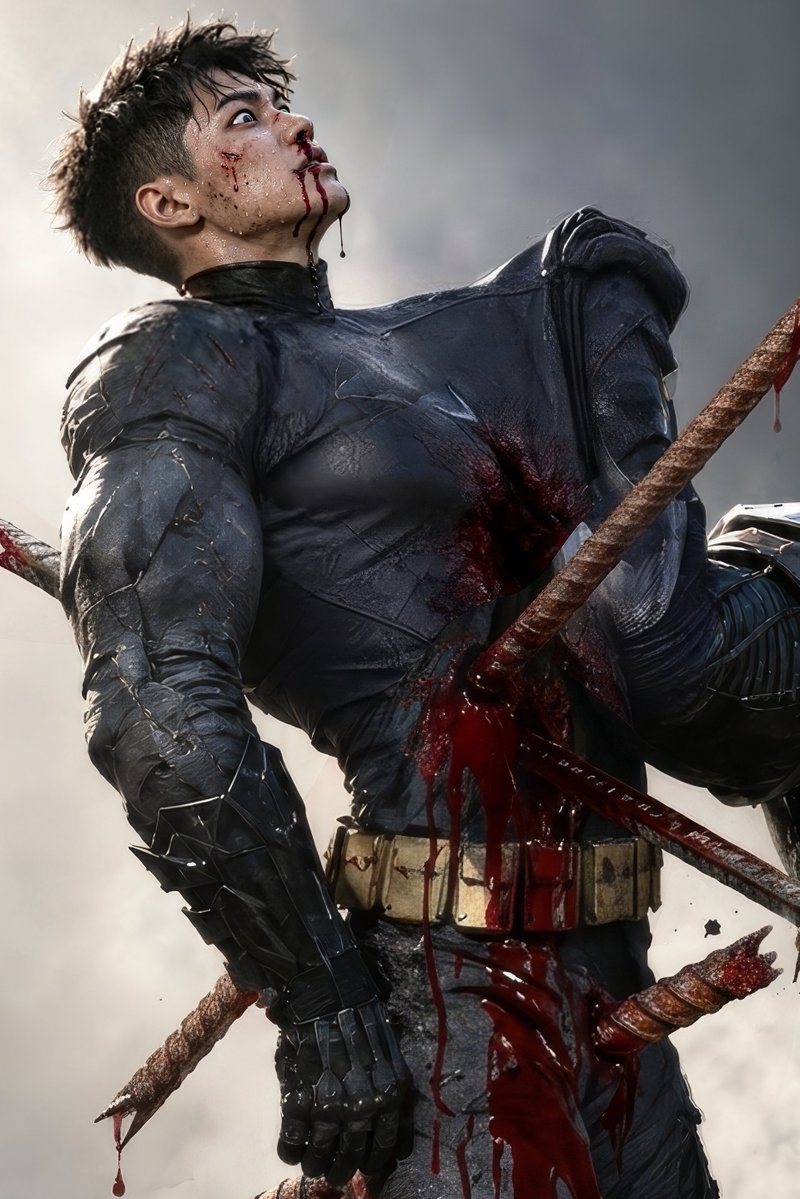 HeroSubK9's tweet photo. 【ヒーロー惨殺の現場 Version 01】

薬を盛られた挙句に快楽を貪り尽くされ、闇から黎明へと至る狂乱の交わりの末、体力を削り削られ意識すら朦朧となったヒーロー。そこへ反逆者側の精鋭殺手が仕掛けた伏兵により頭部を叩き潰され、脳漿が撒き散らされた。思考と行動の術を完全に破壊された彼は、ついに反逆者どもの惨虐な玩具へと成り果てたのだった。

殺手：「数日前にイキり散らしてたインスタ、凄くイケてたぜ？ なら望み通り、全身八つ裂きにされる快感ってやつをじっくり味わわせてやるよ！」
（殺手はヒーローの胸元を掴み上げ、強烈な力で廃棄された鉄筋へと突き刺した！！！）

ヒーロー：「ぐ……っ、ぁ……ぁ……ガハッ！！！（口から血を噴出する）……ぁ……」

（ヒーローが生存本能から身悶え擦るのを余所に、殺手は一筋の慈悲もなく、その身体を鉄筋の奥深くへと何度も何度も押し込んでいく！！！）

ヒーロー：「ガハッ！！！（口から血を噴出する）……ぁ……」（ヒーローの双脚は制御を失い、無様に痙攣し続けている）

殺手：「高貴なるウェイン坊ちゃん、この低賤な虫ケラによる極上の奉仕、ご満足いただけましたでしょうか？」

---------------------

Drugged and pushed to extreme indulgence, the hero spent the night in a frenzy of continuous sexual excess, leaving him completely drained of stamina and barely conscious. Ambushed by an elite villainous killer, his head was bludgeoned until his brains spattered, severely crippling his ability to think or move. Ultimately, he was reduced to a plaything for the rebels.

Killer: "That IG post you made a few days ago was pretty hot shit, huh? Then I'll give you exactly what you asked for—let you taste what it feels like to be torn to pieces!"
(The killer grabs the hero by the chest and violently impales him onto a piece of rusted rebar!!!)

Hero: "Ngh... ugh... agh... Gack!" (spitting blood) "...ugh..."

(Ignoring the hero's involuntary reflexes as he struggles, the killer mercilessly shoves him deeper and deeper onto the rebar, over and over again!!!)

Hero: "Gack!" (spitting blood) "...ugh..." (The hero's legs twitch uncontrollably)

Killer: "My noble Master Wayne, are you satisfied with the service provided by a low-life scum like me?"