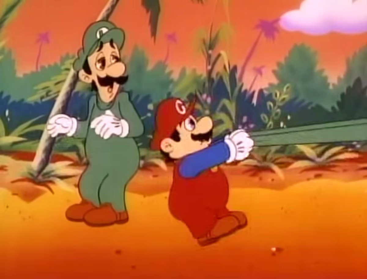 SuperMarioFact's tweet photo. An error in "The Trojan Koopa": Luigi is wearing his overalls despite Mario using them as a slingshot. https://t.co/8U4Y7nJFih