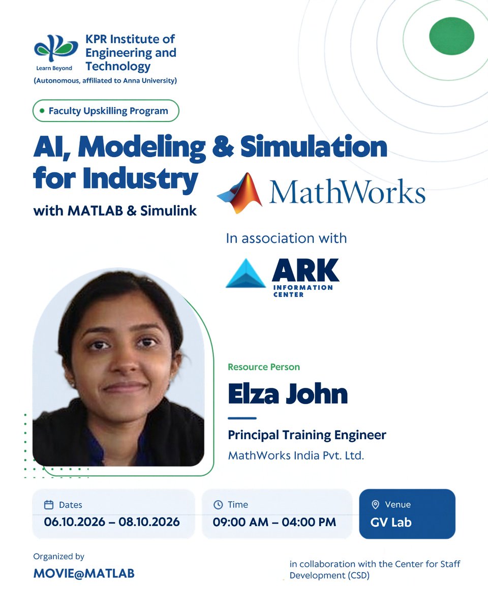 KPRIETonline's tweet photo. Empowering faculty with industry-ready skills!
KPRIET is hosting a Faculty Upskilling Program on “AI, Modeling & Simulation for Industry with MATLAB & Simulink”, led by Elza John, Principal Training Engineer, MathWorks India Pvt. Ltd
#KPRIET #MATLAB #Simulink #FacultyUpskilling https://t.co/1mj4KT1H6a