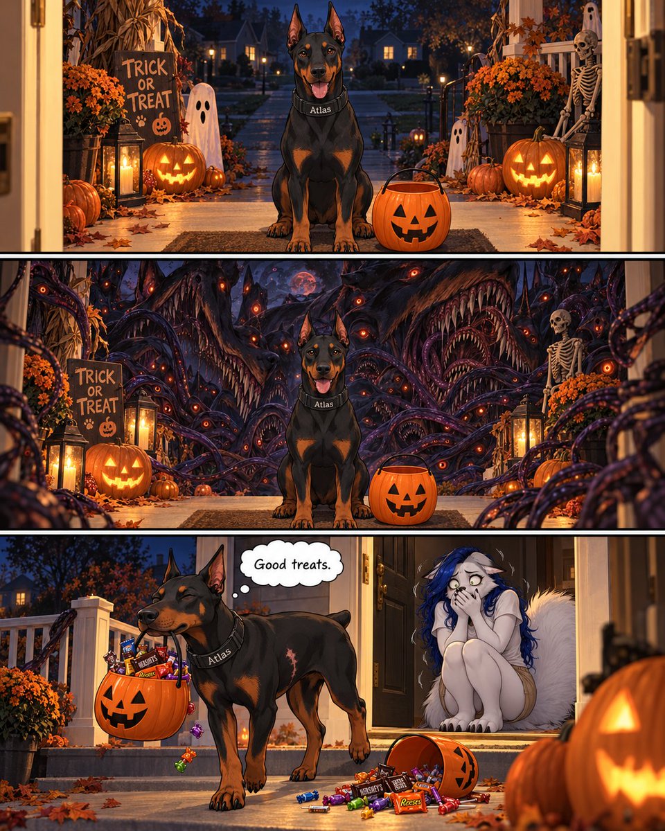 ModDogHQ's tweet photo. Apparently Atlas has discovered that Halloween is the one night a cosmic horror can knock on doors, ask strangers for snacks, and nobody questions the eyes in the bushes.

Featuring @MoFoxxies https://t.co/zT6mfkTd75
