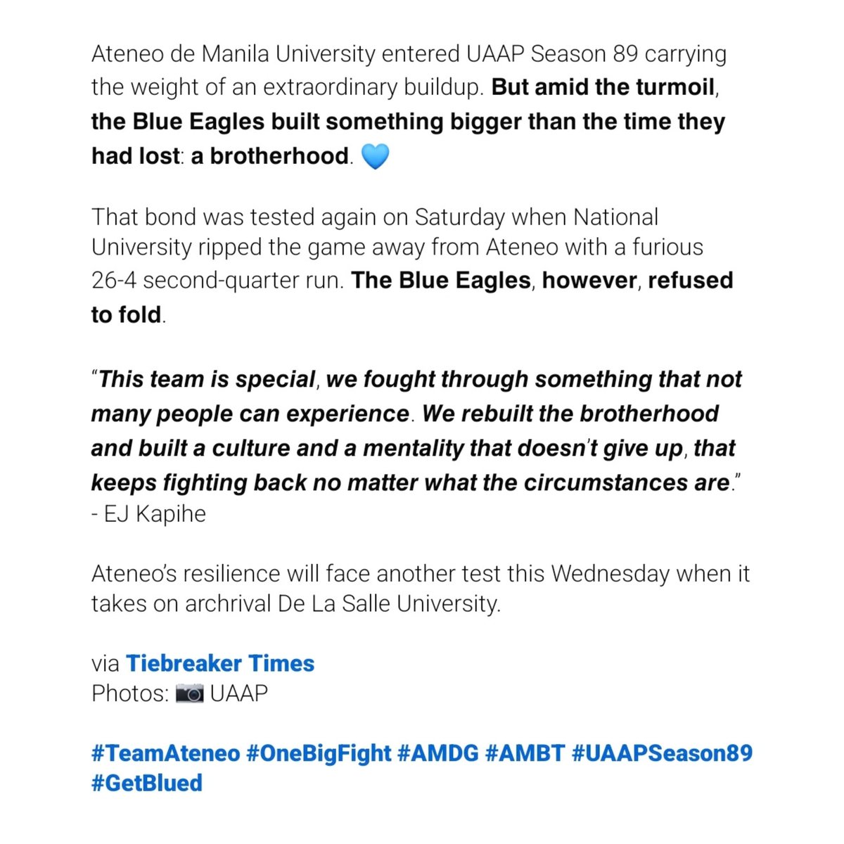 GetBlued's tweet photo. The Blue Eagles built something bigger than the time they had lost: ๐ฎ ๐ฏ๐ฟ๐ผ๐๐ต๐ฒ๐ฟ๐ต๐ผ๐ผ๐ฑ. ๐
#TeamAteneo #OneBigFight #AMDG #AMBT #UAAPSeason89 #GetBlued https://t.co/W96JUsIHdY