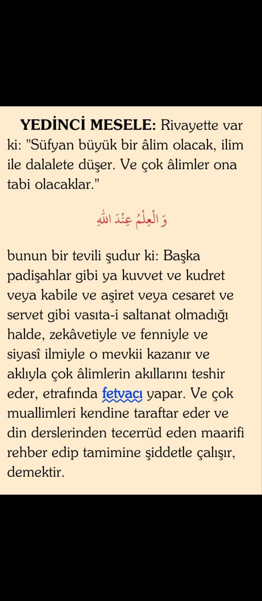 talhakul66's tweet photo. 1
Hz Üstad ahirzamanla ilgili Hadis-i Şeriflerin izahından oluşan Beşinci Şua'da Süfyan için "Aklıyla çok âlimlerin akıllarını teshir eder (büyüler), etrafında fetvacı yapar." buyurur.
Soru: İlahiyat hocaları, cemaatlerin ve tarikatların başları kimin fetvacısı? Kimin karşısında? https://t.co/RnnekfKFhH