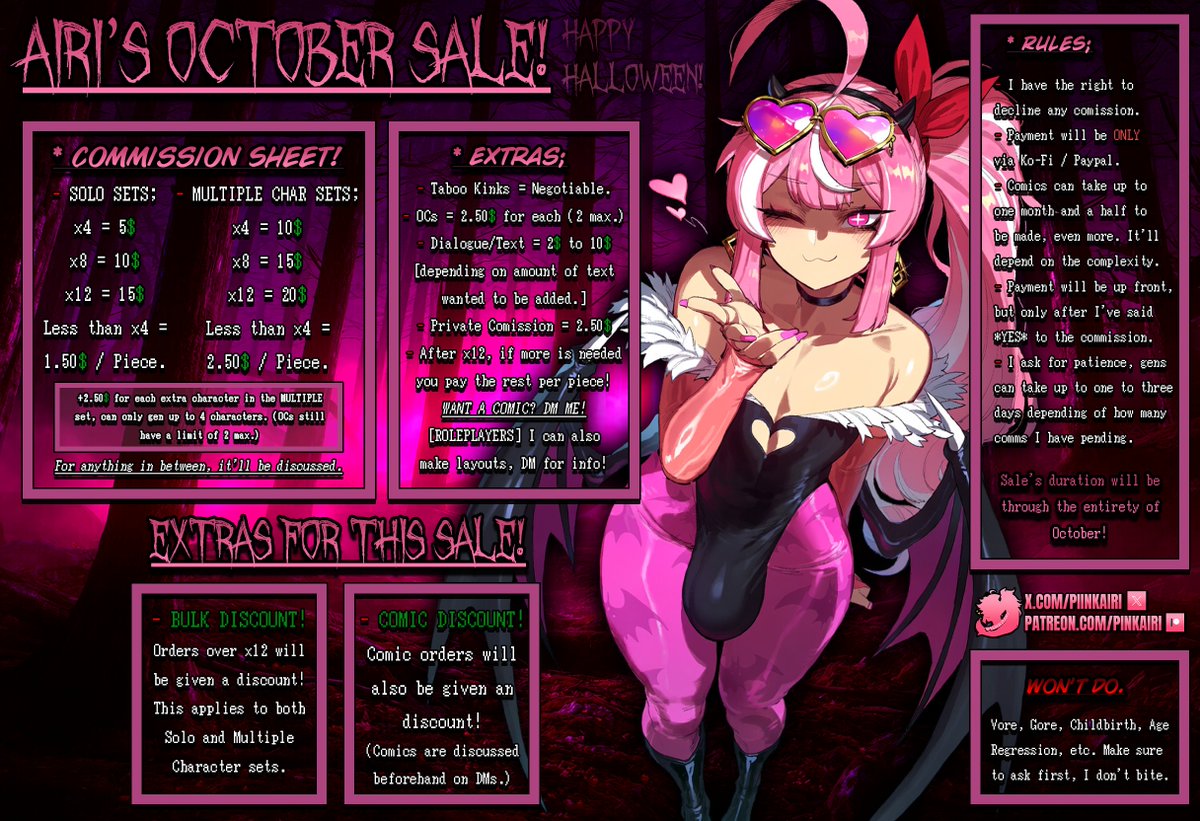 PIINKAIRI's tweet photo. ⠀

Welcome to my profile, I'm Airi! 🩷

I'am currently saving for something, so I've decided to do a sale for all my comm prices! As well as some extras for certain stuff.

Here's my updated comm sheet for this month. For any questions feel free to ask them via DMs and I'll reply as quick as I can!

⠀