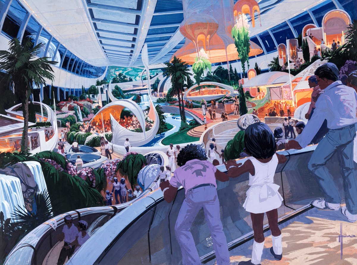 HumanoidHistory's tweet photo. Syd Mead's "Space Neotopia" concept art for Landmark Entertainment, 1990s. https://t.co/0Yy7LFBIwP