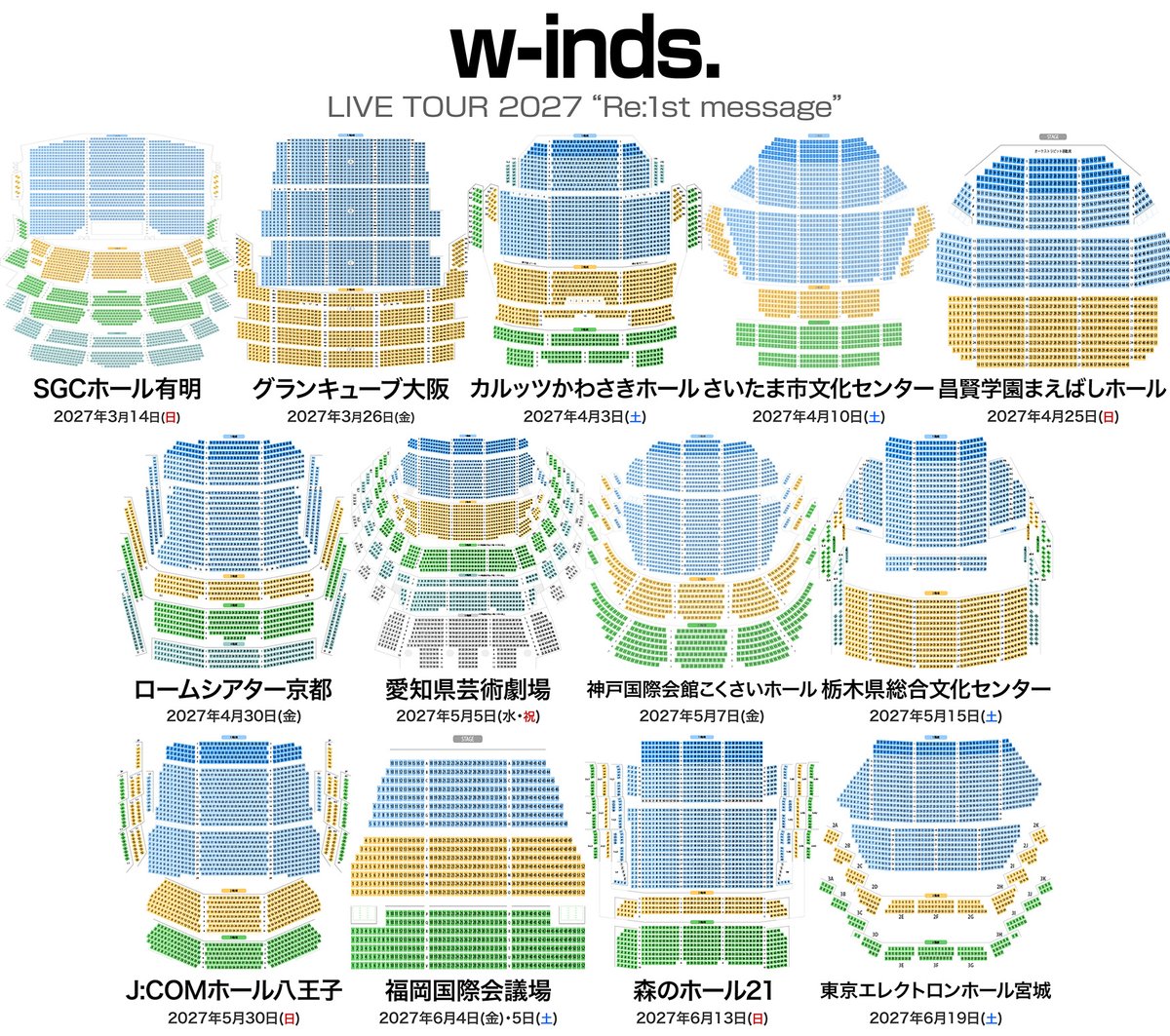 musicmdata's tweet photo. w-inds. LIVE TOUR 2027 “Re:1st message”
全国13会場 14公演 💺 座席表  
https://t.co/xaJxUcGjPr

🟦 SGCホール有明（東京）  
　2027年3月14日（日）17:30 開演  

🟩 グランキューブ大阪（大阪）  
　2027年3月26日（金）18:30 開演  

🟨 カルッツかわさきホール（神奈川）  
　2027年4月3日（土）17:00 開演  

🟪 さいたま市文化センター（埼玉）  
　2027年4月10日（土）17:00 開演  

🟥 昌賢学園まえばしホール（群馬）  
　2027年4月25日（日）17:00 開演  

🟫 ロームシアター京都（京都）  
　2027年4月30日（金）18:30 開演  

⬜ 愛知県芸術劇場（愛知）  
　2027年5月5日（水）17:00 開演  

🟧 神戸国際会館こくさいホール（兵庫）  
　2027年5月7日（金）18:30 開演  

🟦 栃木県総合文化センター（栃木）  
　2027年5月15日（土）17:00 開演  

🟩 J:COMホール八王子（東京）  
　2027年5月30日（日）17:00 開演  

🟨 福岡国際会議場（福岡）  
　2027年6月4日（金）18:30 開演  
　2027年6月5日（土）16:00 開演  

🟪 森のホール21（千葉）  
　2027年6月13日（日）17:00 開演  

🟥 東京エレクトロンホール宮城（宮城）  
　2027年6月19日（土）17:00 開演