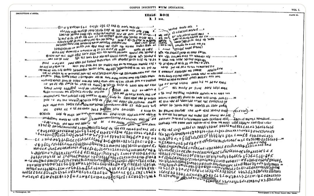 Agnimitram_'s tweet photo. Major Points of Ashoka’s Major Rock Edict XIII.( Khalsi ) 

In his 8th regnal year, Devanampiya Piyadasi conquered Kalinga. 150,000 were deported, 100,000 killed, and many more died.

Ashoka deeply regretted the suffering caused by the conquest, especially to Brahmanas, Śramaṇas, householders, families, friends and relatives.

He declared that Dhamma, self-control, impartiality and kindness toward all beings were the true form of conquest.

Devanampiya’s Dhamma-vijaya extended up to 600 yojanas, reaching the Greek king Antiochus and beyond him Ptolemy, Antigonus, Magas and Alexander, as well as southward to the Cholas, Pandyas and Tamraparni.

Within his territory, Greeks, Kambojas, Nabhakas, Bhojas, Andhras, Paladas and others followed his instruction in Dhamma.