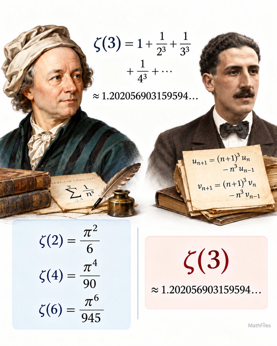 Math_files's tweet photo. One of the strangest constants in number theory is

ζ(3) = 1 + 1/2³ + 1/3³ + 1/4³ + ⋯ ≈ 1.202056903159594…

Euler found elegant formulas for ζ(2), ζ(4), ζ(6), … in terms of powers of π. But the odd values proved far more mysterious. 

Then in 1978, Roger Apéry unexpectedly proved that ζ(3) is irrational. His argument was initially surprising because it relied on sequences that looked unlikely to have the required integer properties, yet the proof held.

Even today, ζ(3) stands as a reminder that the odd zeta values behave very differently from the even ones.