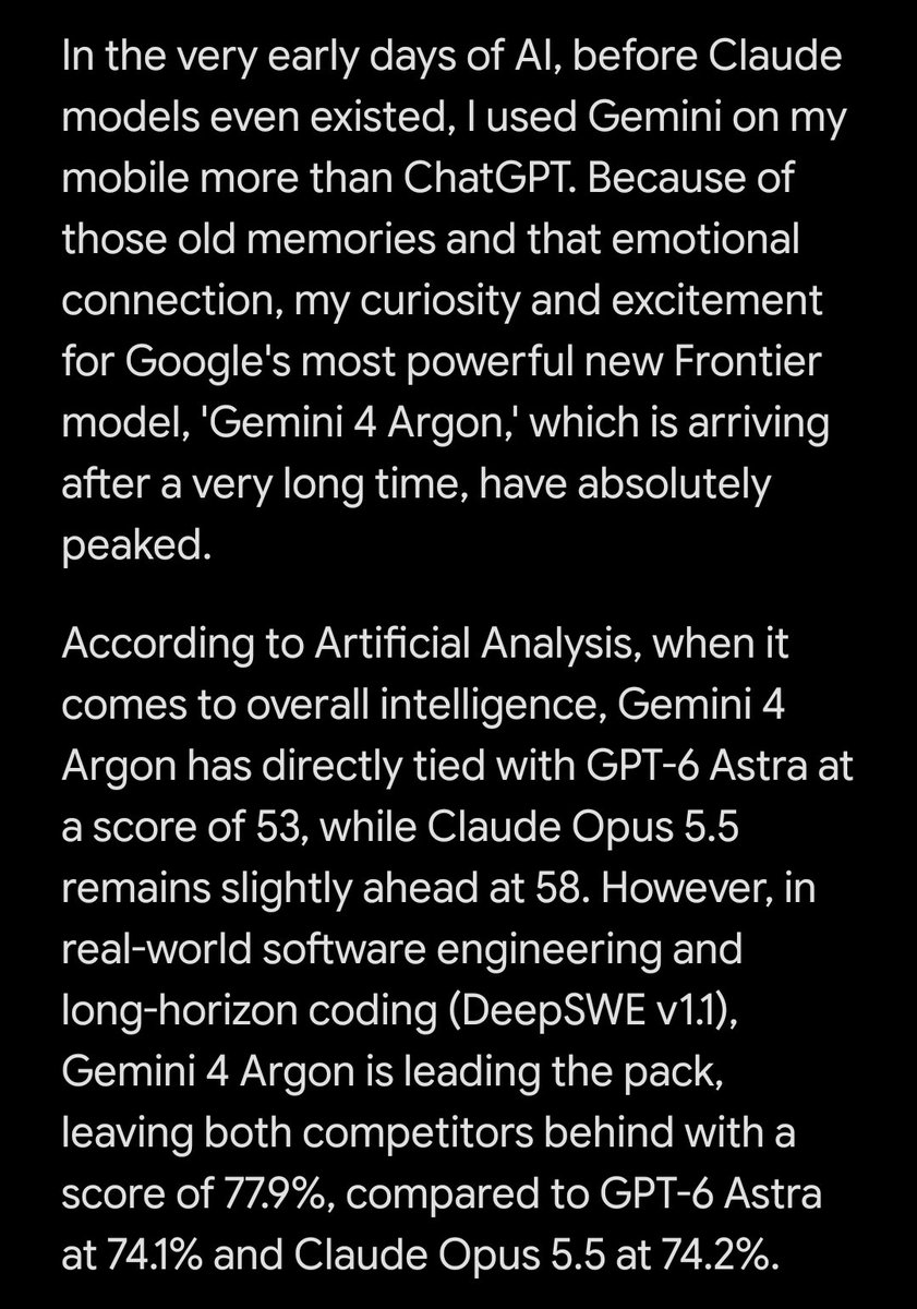Sandeep_3_6_9's tweet photo. Gemini 4 Argon vs GPT-6 Astra vs Claude Opus 5.5! 🚀 AI race just got hotter. 🔥👇

#Gemini4Argon #GoogleAI #GPT6Astra #ClaudeOpus5 #ArtificialIntelligence #TechTrends #SoftwareEngineering #AI https://t.co/pChwmVq8Xk