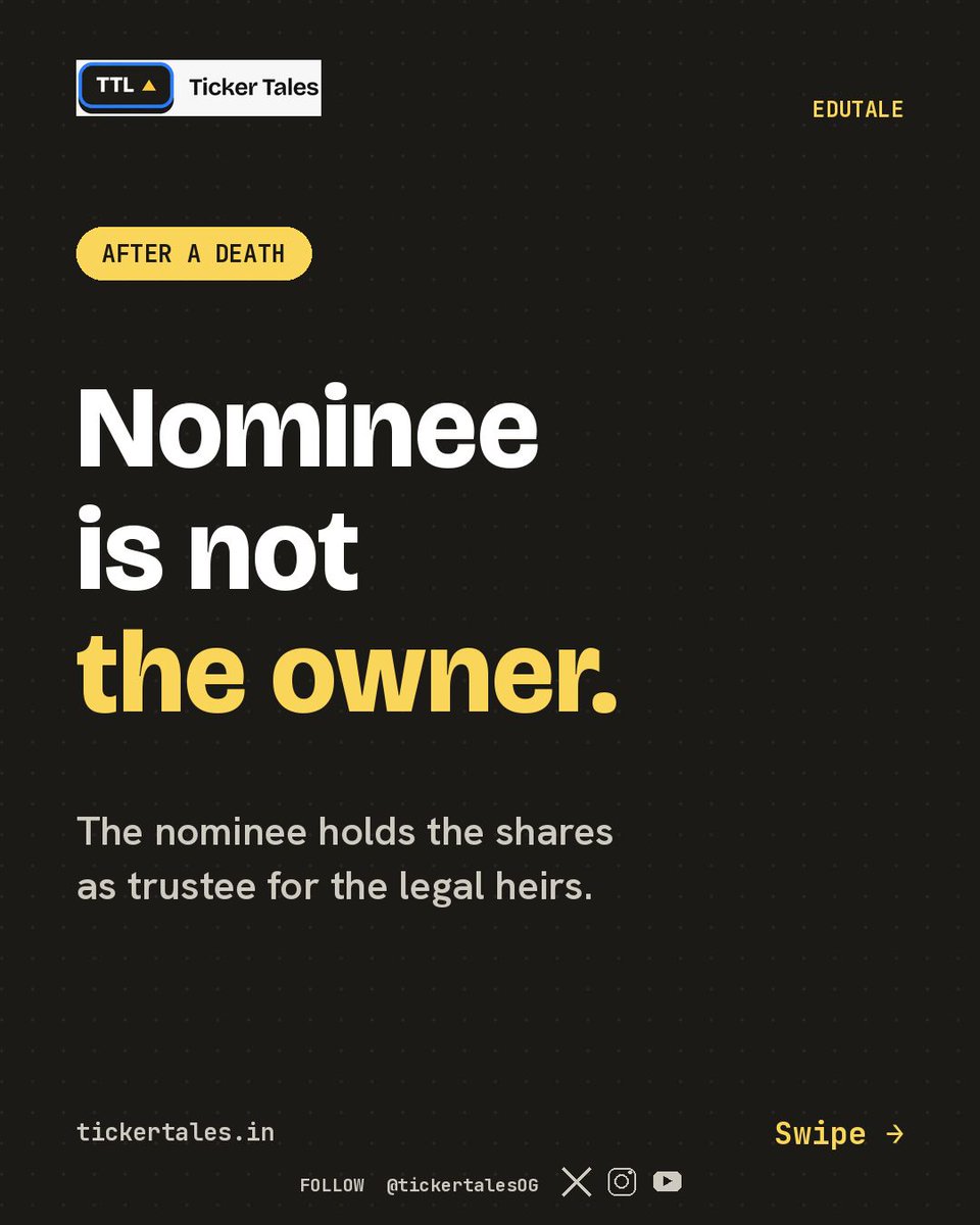 tickertalesOG's tweet photo. A nominee is not the owner. Under SEBI's 23 July 2026 circular, the nominee holds the shares as trustee for the legal heirs.

For Rakesh Jhunjhunwala's Star Health shares, transmission completed on 25 June 2026. He died on 14 August 2022.

https://t.co/7Z3mkAWUn6 https://t.co/JXINhARUc9
