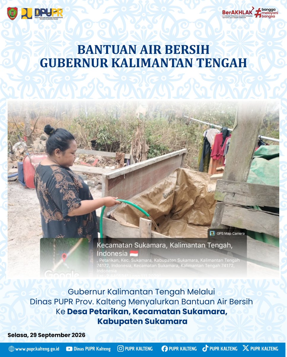 puprkalteng's tweet photo. Gubernur Kalteng melalui Dinas PUPR Prov. Kalteng menyalurkan bantuan air bersih ke Desa Petarikan, Kec. Sukamara, Kab. Sukamara (29/9). Aksi cepat tanggap penuhi kebutuhan air bersih layak warga. #PUPRKalteng #BantuanAirBersih #Sukamara #KaltengBerkah https://t.co/yy0rG1XRtc