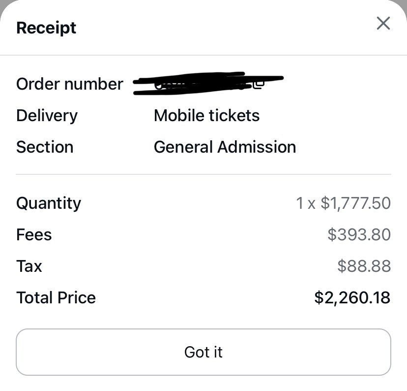 mlbrr_strt's tweet photo. @warlockstrait the stubhub fees got me fucked up but here’s the receipt. genuinely no regrets even tho i’m pretty sure i paid for this asshole sellers entire trip with this 😭 https://t.co/y9SzZ3rhB5