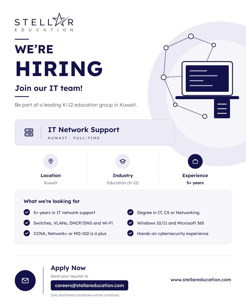 KuwaitBusRoute's tweet photo. We're hiring: IT Network Support | Kuwait
📩 Send your resume to careers@stellareducation.com
Note: Only shortlisted candidates will be contacted.#Hiring #WeAreHiring #KuwaitJobs #JobsInKuwait #Kuwait #ITJobs #ITSupport #NetworkSupport #NetworkEngineer #NetworkAdministrator https://t.co/hLeRQuea92