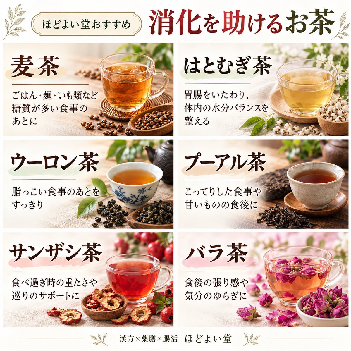 hodoyoido's tweet photo. 食べすぎた日、脂っこい食事のあと、なんとなく胃が重たい…。
そんな時は「何を食べ��いか」だけでなく、食後のお茶を見直してみませんか？
麦茶、はとむぎ茶、ウーロン茶、プーアル茶、サンザシ茶、バラ茶など、お茶にもそれぞれ個性があります。

中医学では、胃腸の働きを担う「脾＝土」を整えることが、気・血・水をつくり巡らせる土台になると考えます。

宮崎県川南町の漢方薬局「ほどよい堂」では、薬剤師・中医薬膳師が体質に合わせた薬膳茶をご提案しています。

毎日の一杯から、無理なく「漢方×薬膳×腸活」を始めてみませんか？

▼ほどよい堂オンラインショップ
https://t.co/EJuFf1UDsX

#薬膳茶 #漢方 #腸活 #宮崎漢方 #宮崎薬膳 #川南町 #胃腸ケア #消化 #薬膳 #ほどよい堂