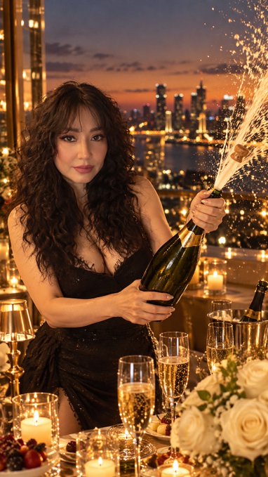 A glamorous photo of a woman with long curly brown hair in a black dress popping open a champagne bottle with sparks flying, set against a city skyline at sunset.
