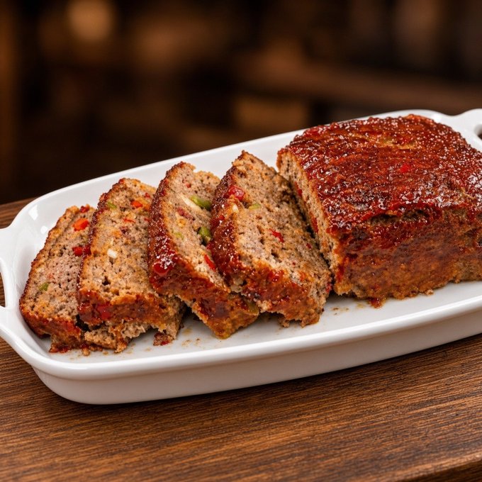 A sliced meatloaf topped with a glossy red glaze containing visible red pepper flecks, served on a white rectangular dish atop a wooden table.