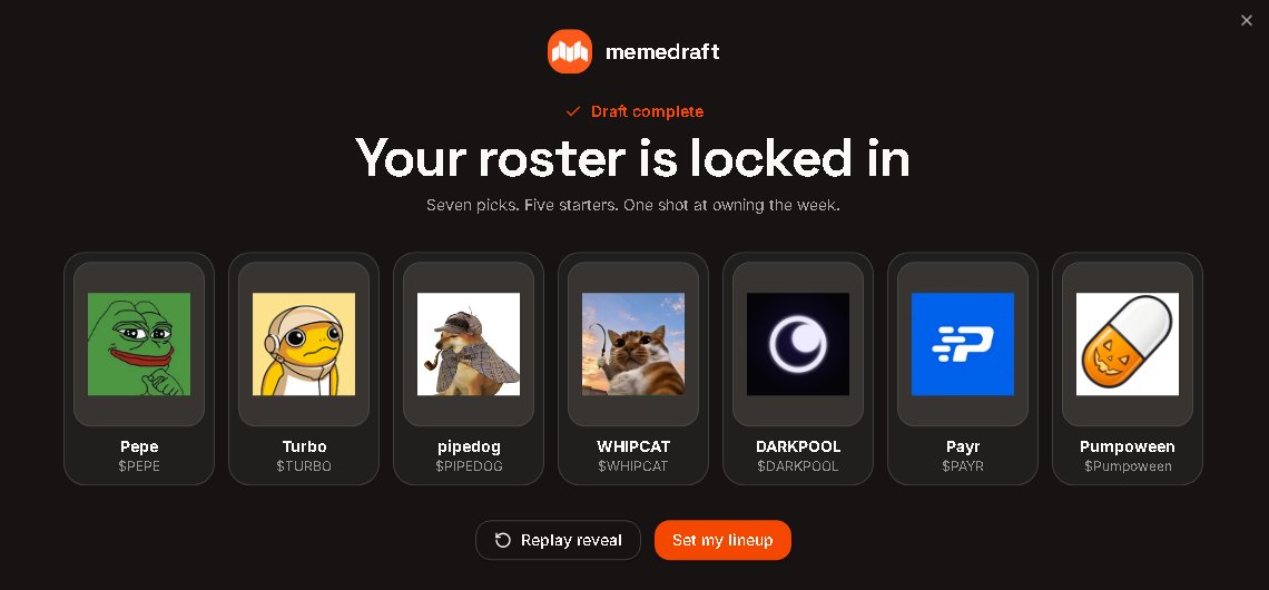 MemeDraftx's tweet photo. Which five memes are you backing this week?

Lock in your starting lineup and take on your next opponent. Only your starters count toward the score.

Set your team → https://t.co/OFOQ59Vfw8 https://t.co/blOALkHSe3