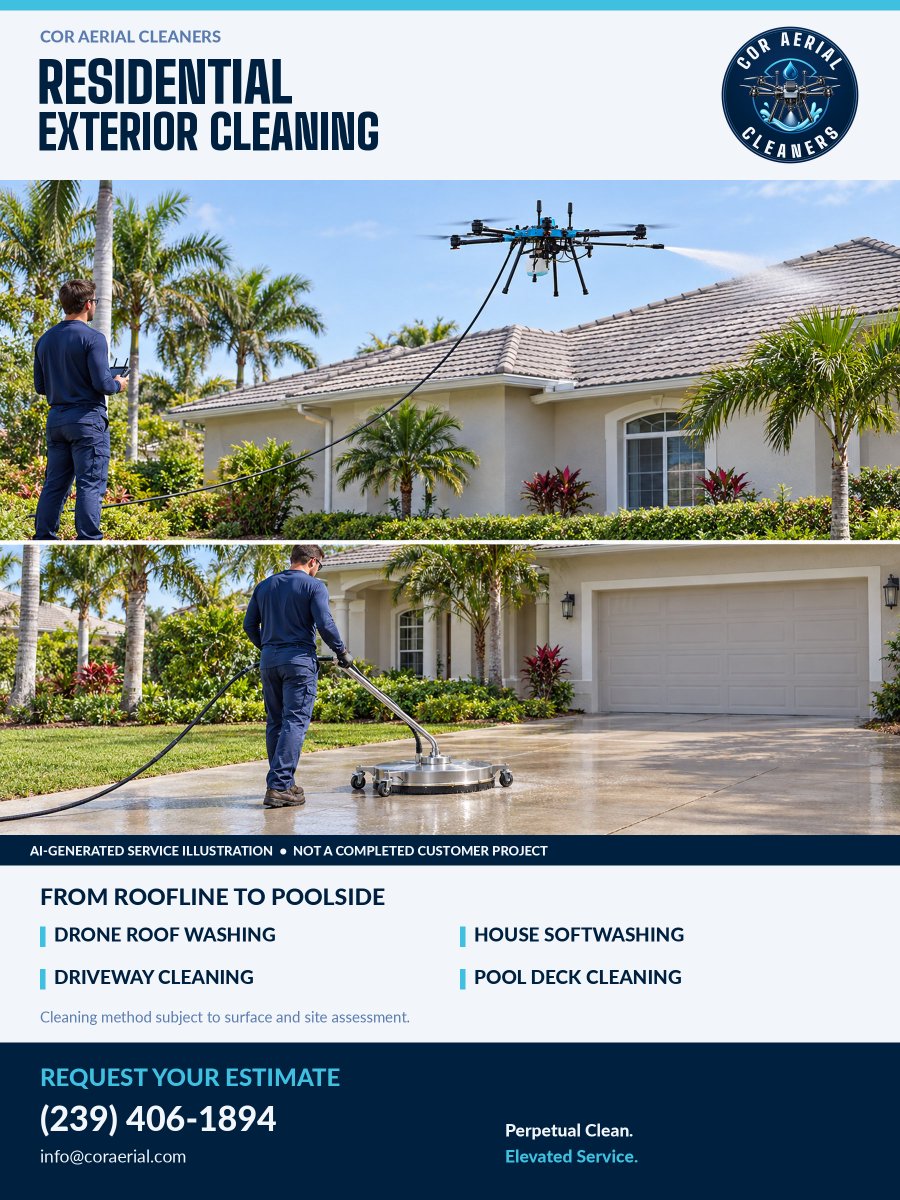 CORAerial's tweet photo. Roof washing by drone. House Softwashing. Driveway and pool deck cleaning. Explore COR residential services and request an estimate: https://t.co/IKiJOMhKMS #SWFL https://t.co/dRnPCvvn1p