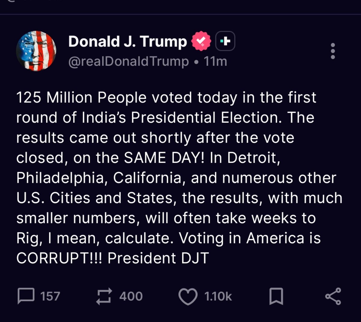 sidhant's tweet photo. Around 11.45 pm in Washington DC, Trump mistakes Brazil with India over Presidential elections while criticizing voting process in US.

Brazil elections results are out, with Flávio Bolsonaro winning the first round. https://t.co/Yc5NBaG1rO