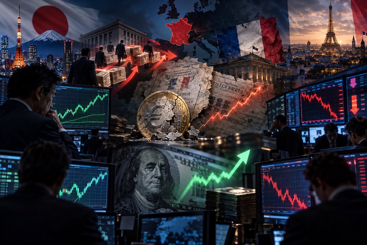 mwmarketwire's tweet photo. 🚨 JAPAN → FRANCE → EURO → DXY: A MACRO CHAIN TRADERS SHOULD WATCH

Something important is developing underneath the surface of global markets.

🟦 JAPAN IS PULLING BACK FROM FRENCH DEBT

Japanese investors have been reducing exposure to French government bonds as domestic Japanese yields become increasingly competitive.

This is NOT Japan “dumping the euro.”

It is capital becoming less willing to travel abroad for yield.

🟦 FRANCE IS THE PRESSURE POINT

French bond yields have surged to levels not seen since 2002.

The French 10Y spread versus Germany has widened sharply as investors demand more compensation for France’s debt, deficit and political risk.

Foreign investors own a large part of the French government-bond market making foreign demand extremely important.

🟦 EURO / DXY

France’s fiscal stress is already weighing on the euro.

EUR/USD is trading around $1.12, while DXY has recently pushed near 102.

Remember:

EUR weakness = major support for DXY.

The euro represents roughly 58% of the Dollar Index.

France stress ↑
EUR ↓
DXY ↑

🟦 FRENCH STOCKS

The stocks I’m watching first are the financials:

$BNP
$GLE
$ACA
$CS

If French bond spreads keep widening and banks begin significantly underperforming, that becomes a much more important warning signal than the CAC alone.

🟦 JAPAN / NIKKEI

For now, the Nikkei has NOT broken down because of this.

Japanese equities are still benefiting from broader risk appetite.

But the risk changes if capital repatriation strengthens the yen while global markets turn risk-off.

JPY ↑ + global risk-off = a much tougher environment for Japan’s large exporters.

🟦 THE TRADE MAP

French OATs ↓
→ French yields ↑
→ OAT/Bund spread ↑
→ French financials vulnerable
→ EUR/USD pressure
→ DXY support

Meanwhile:

Higher Japanese yields
→ less incentive to own European bonds
→ capital potentially returns to Japan
→ potential JPY support
→ potential pressure on Japanese exporters

This is not a French debt crisis yet.

But it is exactly the type of cross-market setup serious traders should be watching before everyone starts talking about it.

#MWMarketWire