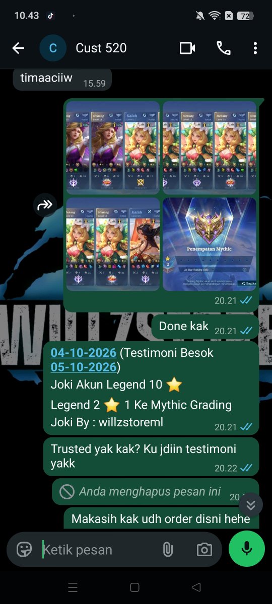 willzstoreml's tweet photo. 05-10-2026 
Testimoni Joki Akun Legend 10 ⭐ 
Legend 2 ⭐ 1 Ke Mythic Grading

Yang mau Joki ML / Joki Akun Bisa Langsung WA ya :
Epic 4K / ⭐
Legend 5K / ⭐
Mythic 7K / ⭐ https://t.co/evuqC0bL51