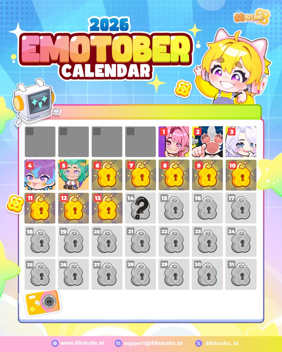 88Studio_ID's tweet photo. ART RAFFLE EMOTOBER for DAY-14 START! 💕

────۶ৎ────
🍀 Winner Day-5 is Birb! 🐦 She requested a custom pretty-derpy emote! (🌸❛ ֊ ❛„)💛
────۶ৎ────

🎁 Reward for Winner Day-14:
1x custom static/regular emote 
Any pose or expression you want! 

🗒️ How to Join:
1. Follow us, like, and RT this post :>
2. Reply with your OC ref below (feel free to QRT from your latest join, so you don't need to manually upload the ref character sheet again)

────۶ৎ────
We're challenging ourselves to do giveaways every single day for the whole month of October! We’re combining Inktober + Advent Calendar vibes for this little event, and we name it  EMOTOBER! (⁠◕⁠ᴗ⁠◕⁠✿⁠) ✨

Good luck, everyoneee! ✨ (⁠ ⁠ꈍ⁠ᴗ⁠ꈍ⁠) 🍀