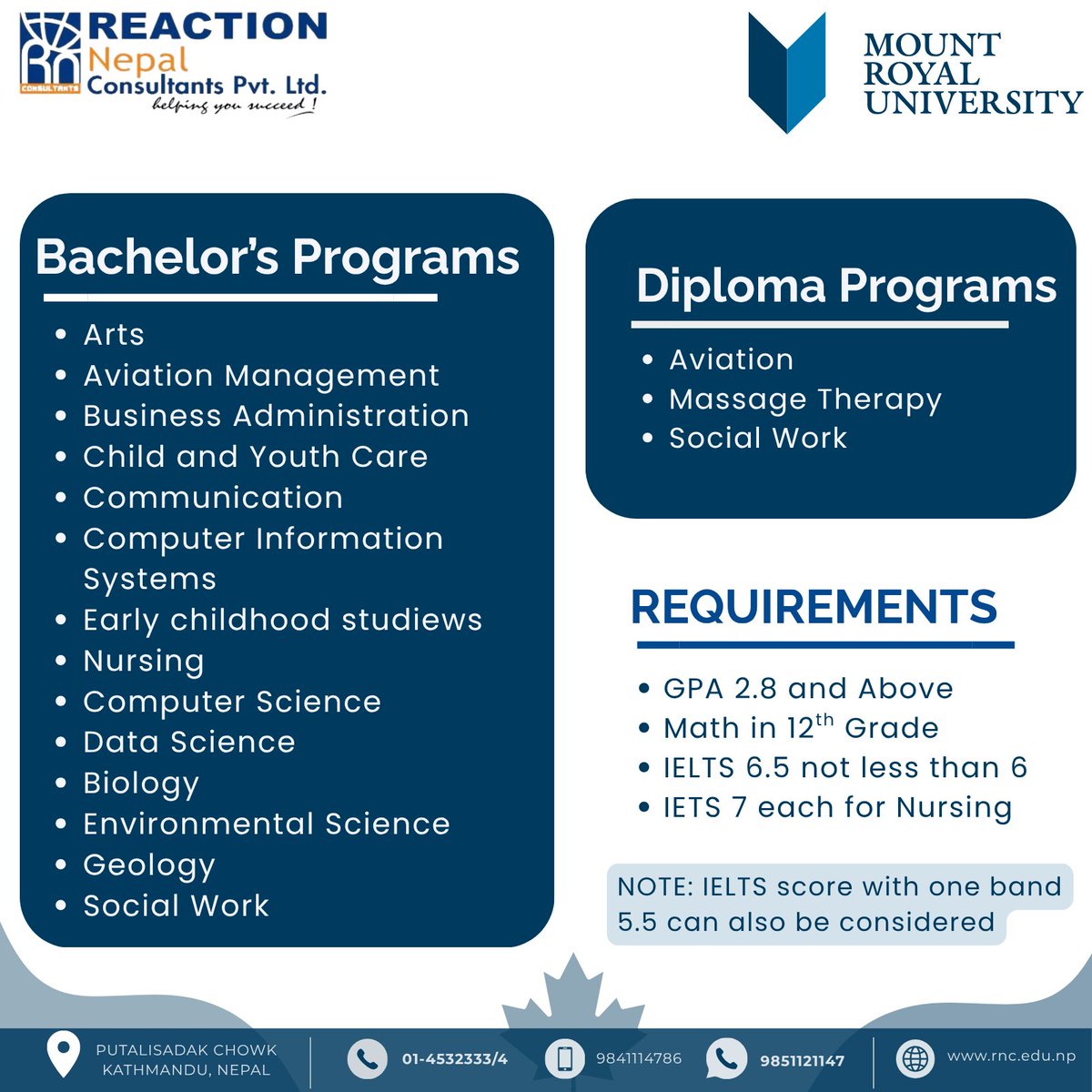 ReactionNepal's tweet photo. Study in Canada with Mount Royal University, Calgary 🇨🇦

Planning for the Fall 2027 intake?

🎓 Programs in Nursing, Business, Computer Science, Data Science, Aviation, Social Work and more.

#StudyInCanada #MountRoyalUniversity #CanadaIntake2027 #StudyInCanadaFromNepal #Canada https://t.co/4RL04IOlIT
