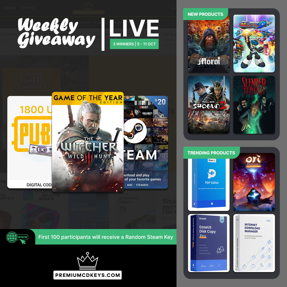 premiumcdkeys's tweet photo. Our Weekly #Giveaway is Live!

Participate for a chance to win The Witcher 3 GOTY GOG Game, #Steam $20 USD Gift Card and #PUBG Mobile 1800 UC Gift Card.

To participate visit: https://t.co/VbPTceYOOI

#Contest ends on 11 October 2026, 3 Winners will be selected randomly! #Giveaways