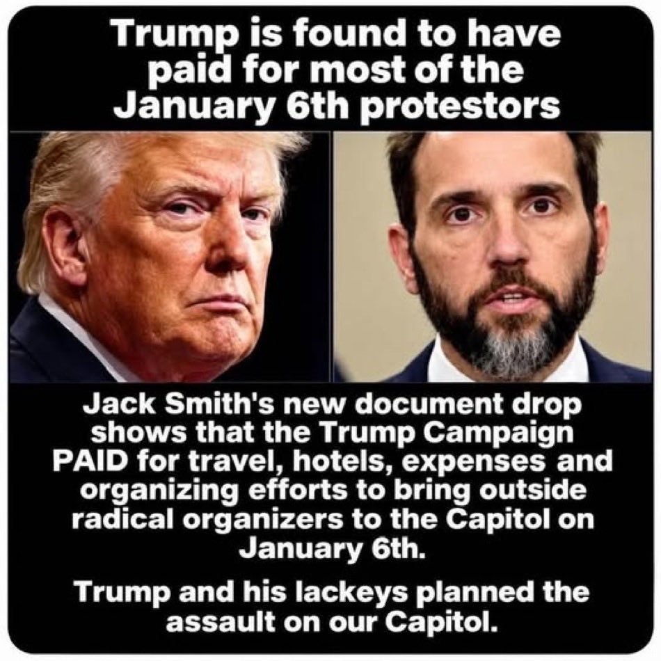 LiddleSavages's tweet photo. Trump is found yo have paid for most of the January 6th protesters. 

Jack Smith’s new document drop shows that the Trump Campaign PAID for travel, hotels, expenses and organizing efforts to bring outside radical organizers to the Capitol on January 6th. 

TRUMP AND HIS LACKEYS PLANNED THE ASSAULT ON OUR CAPITOL!  

IT’S TIME FOR ACCOUNTABILITY! 

IT’S TIME FOR JUSTICE ! ⚖️