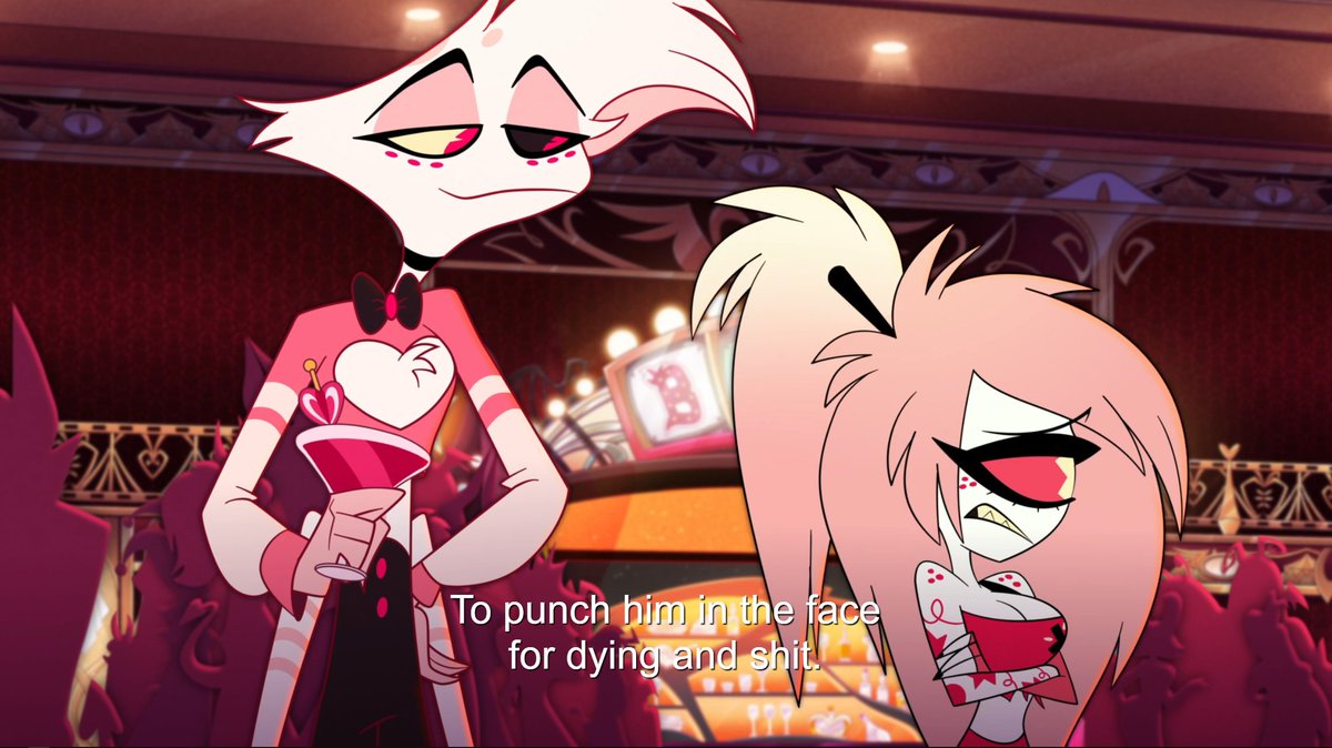 Honeystoria's tweet photo. husk and angel both catching onto cherri's feelings for sir pentious <3 https://t.co/NjCIokWeik