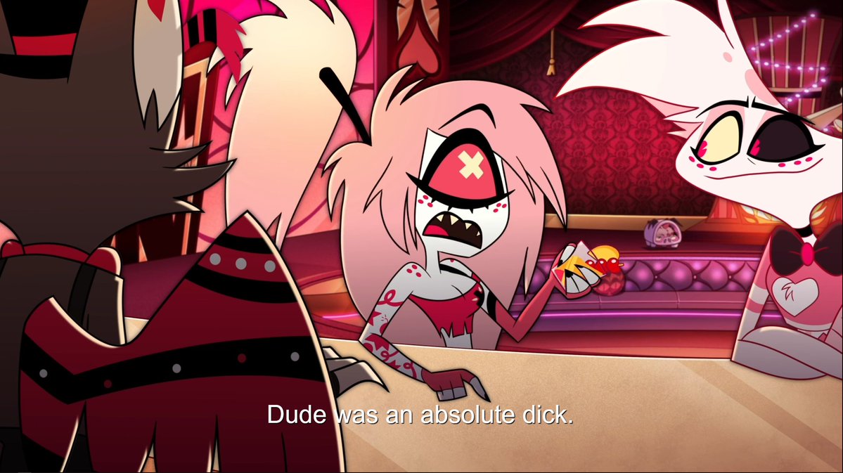 Honeystoria's tweet photo. husk and angel both catching onto cherri's feelings for sir pentious <3 https://t.co/NjCIokWeik
