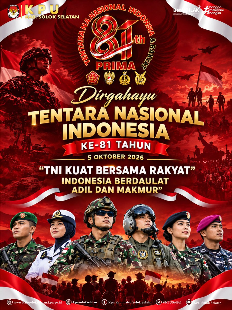 KPUSolSel's tweet photo. #TemanPemilih, KPU Kabupaten Solok Selatan mengucapkan Dirgahayu ke-81 Tentara Nasional Indonesia.

Semoga TNI senantiasa menjadi garda terdepan dalam menjaga kedaulatan dan keutuhan Negara Kesatuan Republik Indonesia-- https://t.co/1QGOEEUZH3