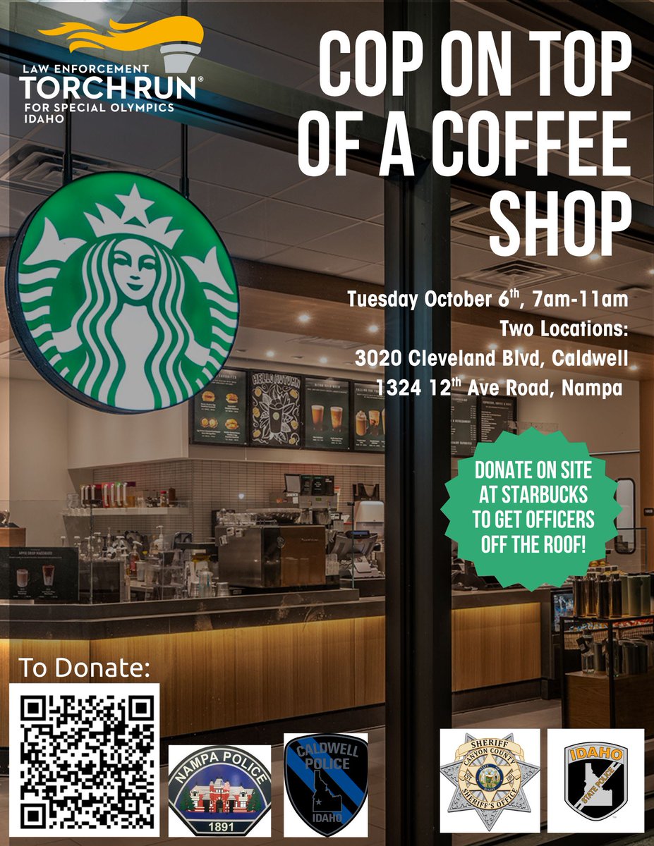 SOID's tweet photo. TUESDAY! 
Several law enforcement agencies are helping once again and we couldn't be more grateful! Please visit one of these two Starbucks and help raise funds for Special Olympics Idaho! Every dollar helps make a difference. ❤️ 
Tuesday, October 6th, 7am-11am https://t.co/0QBnXJWRu9