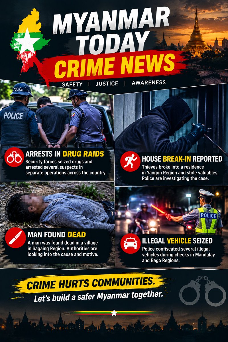Myanmar_Watch12's tweet photo. ๐จ๐ฒ๐ฒ Myanmar Today: Crime News
Arrests, break-ins, deaths and illegal vehicle seizures reported across Myanmar. Stay alert and stay safe. โ ๏ธ
#Myanmar #MyanmarNews #CrimeNews #MyanmarWatch #Safety #BreakingNews https://t.co/VUAbkzuoer