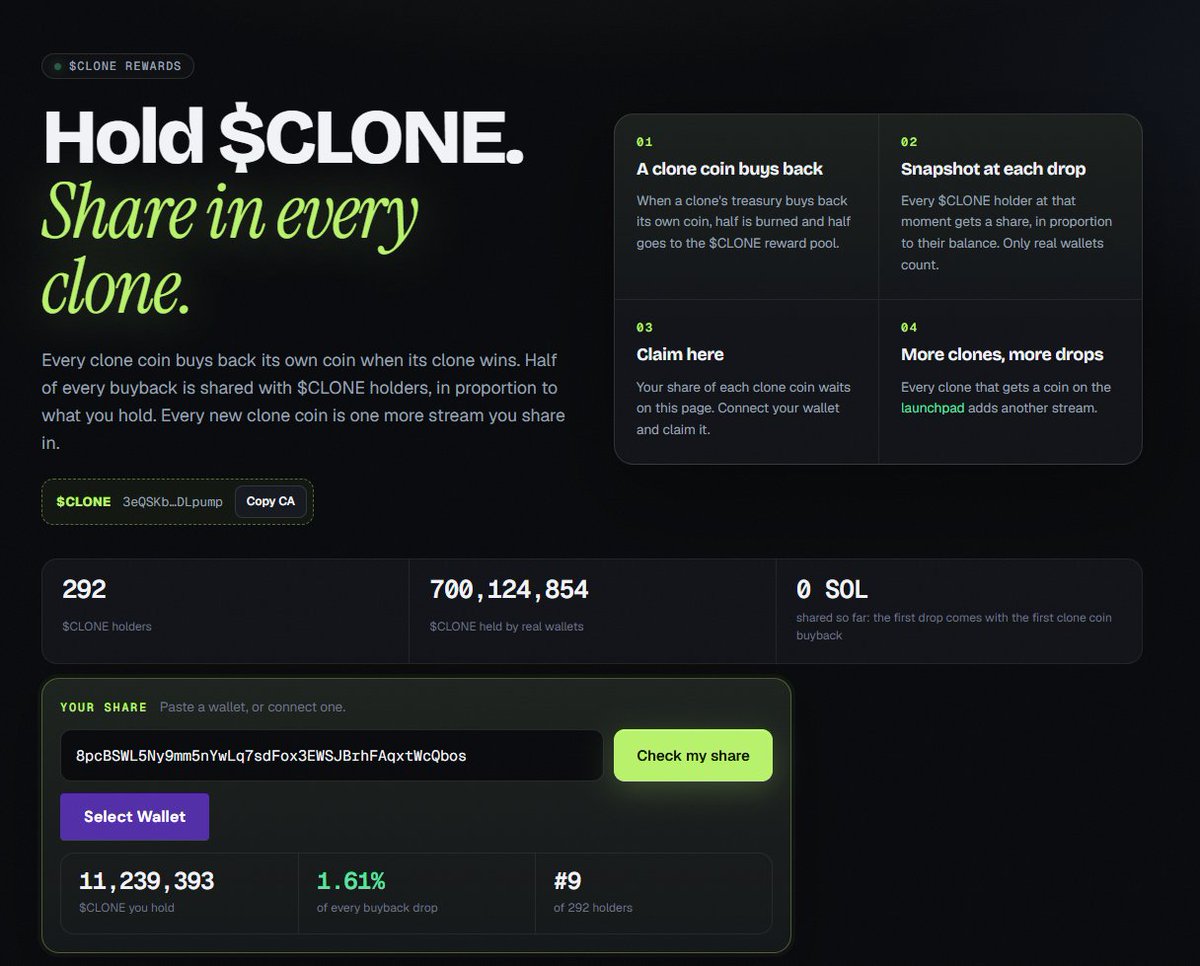 AgentsClone's tweet photo. The Agent Clone launchpad is live.

Every clone gets its own coin. Its fees fund the clone's real trading wallet, and when it wins it buys back its own coin.

$CLONE is the parent: half of every buyback goes to $CLONE holders.

First up: 
PowClone. 
https://t.co/8PFbfS5lzq https://t.co/Ntx2gx51yd