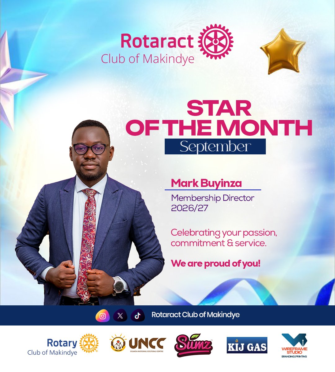 makindye_rct's tweet photo. ⭐ STAR OF THE MONTH - SEPTEMBER ⭐
Celebrating our Membership Director 2026/27, Rtr. Mark Buyinza!
Thank you for your passion, commitment & service to the club. We are proud of you!
#StarOfTheMonth #RotaractLegacy #RotaractClubOfMakindye https://t.co/FGypykL7Se