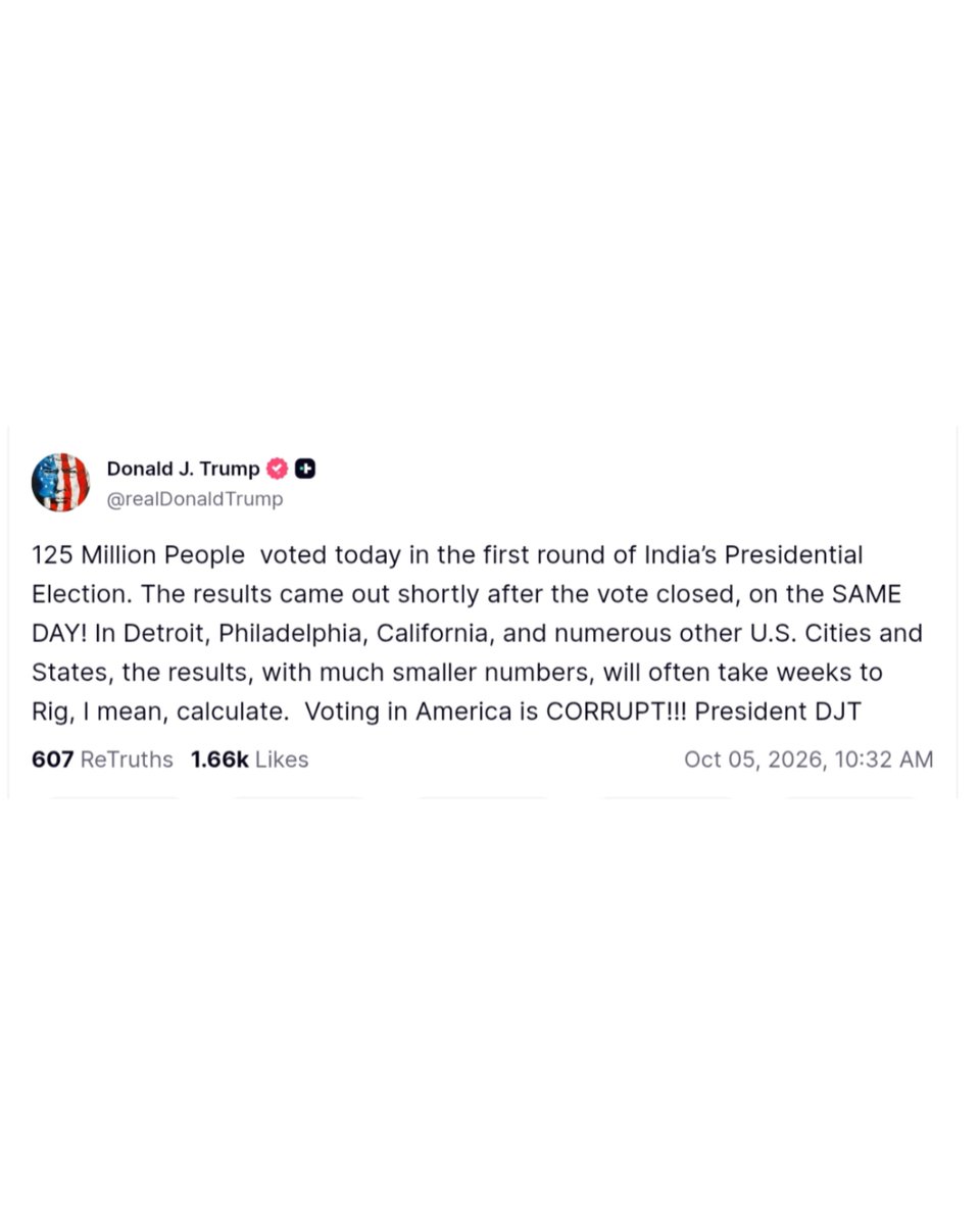 King_Trumpwords's tweet photo. 125 Million People  voted today in the first round of India’s Presidential Election. The results came out shortly after the vote closed, on the SAME DAY! In Detroit, Philadelphia, California, and numerous other U.S. Cities and States, the results, with much smaller numbers, https://t.co/rWZ6dALHRT