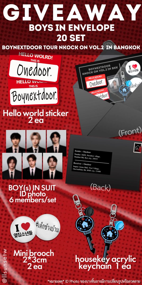 lllsunsetw's tweet photo. ✩𝙂𝙄𝙑𝙀𝘼𝙒𝘼𝙔 【pls rt】
𝑩𝒐𝒚𝒔 𝑰𝒏 𝑬𝒏𝒗𝒆𝒍𝒐𝒑𝒆 𝟐𝟎 𝒔𝒆𝒕

ddok! ddok! ddok! BND comin’ at your door. 
ก๊อก! ก๊อก! จดหมายมาส่งแล้วคร้าบบ! 📫
➤ Sticker-2 ea/set
➤ ID Photo-6 member/set
➤ Mini brooch-2ea/set
➤acrylic keychain-1ea/set

#KNOCK_ON_Vol_2_IN_BANGKOK https://t.co/k2ALTo5djD