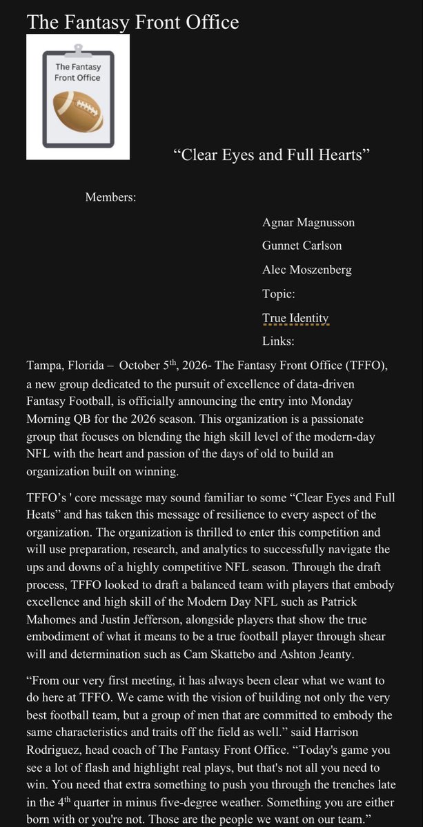FFRONTOFFICE1's tweet photo. Tomorrow you meet The Fantasy Front Office. We look forward to answering your questions about our team during our press conference https://t.co/imInXkBdm7