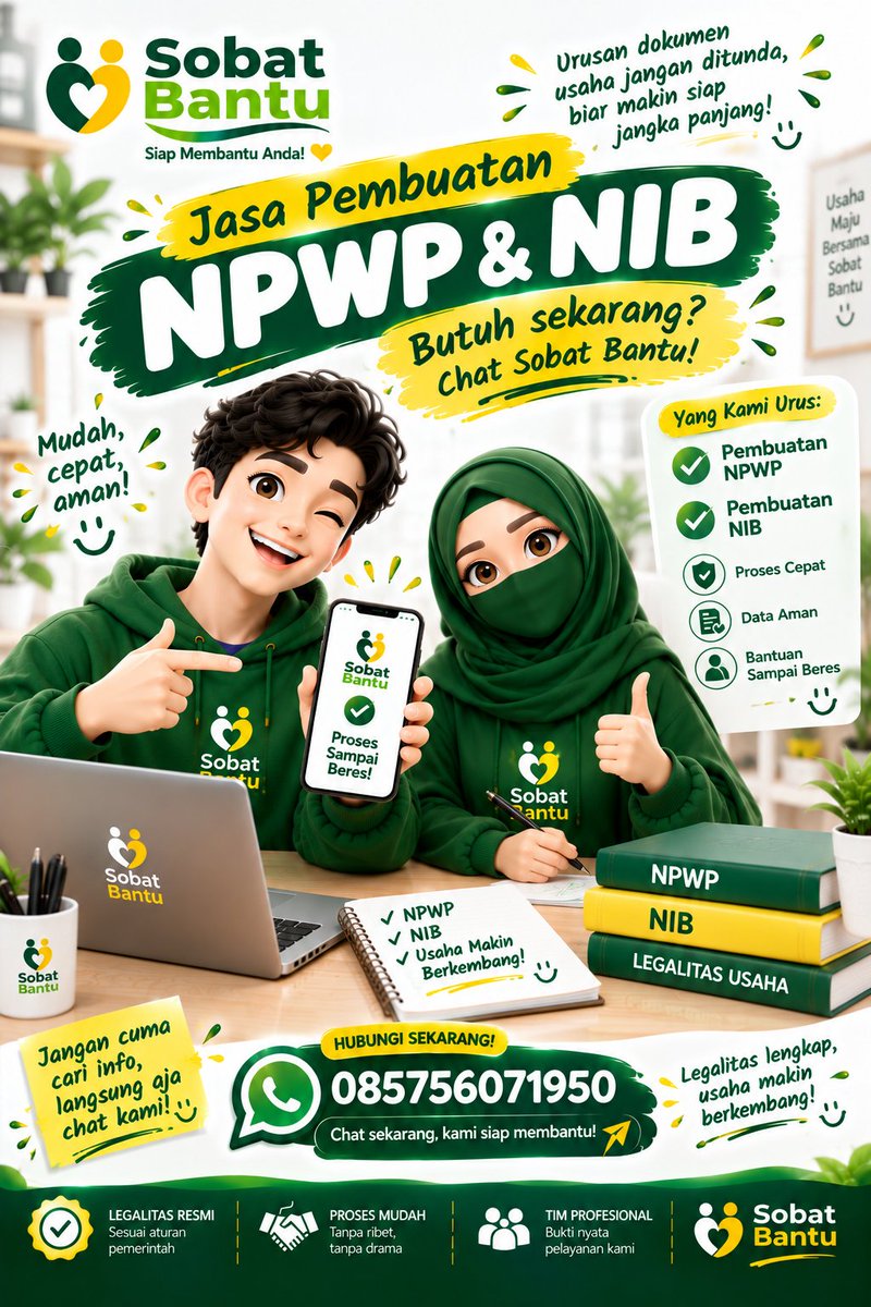 SobatBantu's tweet photo. Jangan cuma simpan postingan ini 😂 Kalau memang butuh NPWP &amp; NIB, langsung chat kami! https://t.co/4KGmsekYS7
