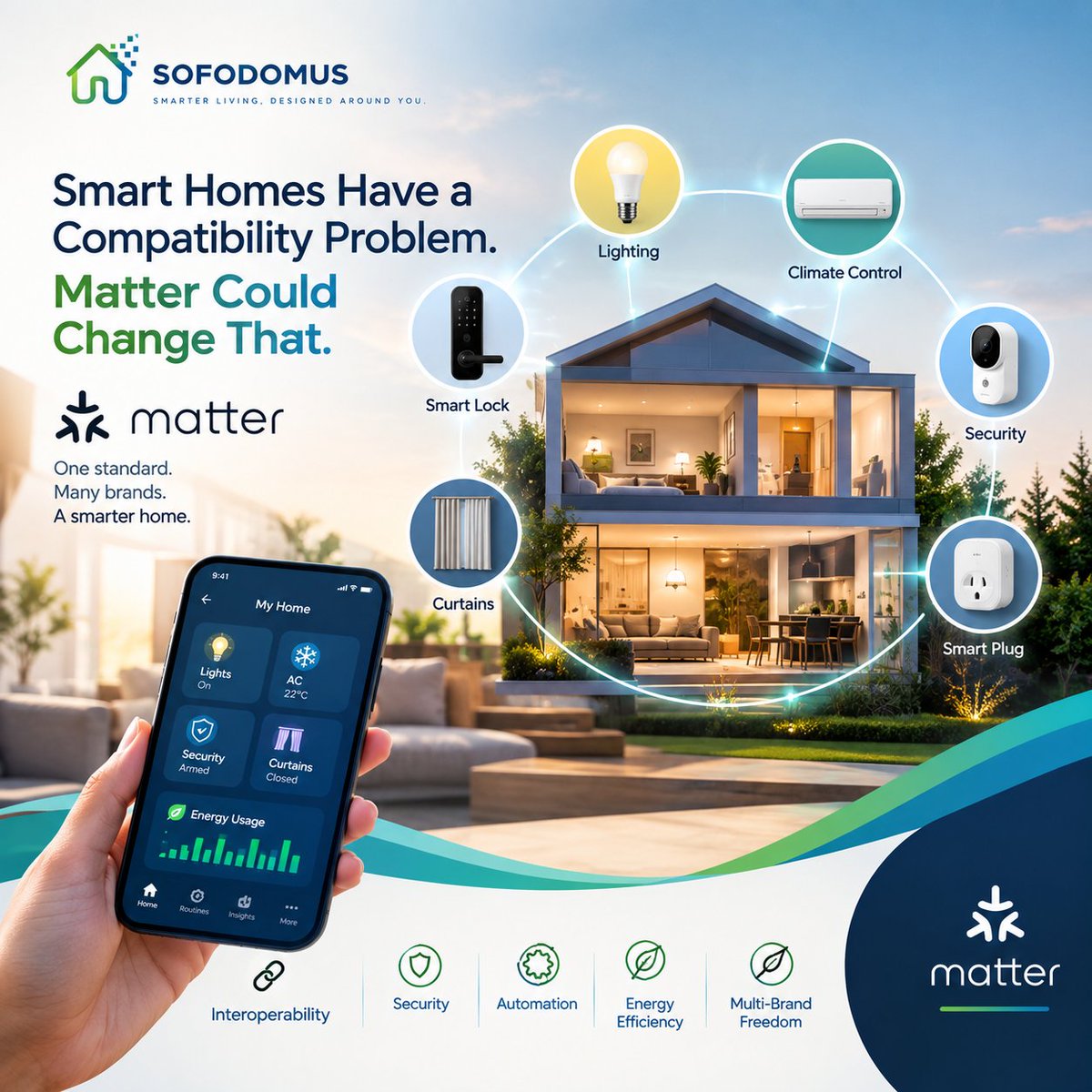Sofodomus's tweet photo. Smart homes have a compatibility problem. Matter could change that.
What if your lights, AC, locks, security and curtains could work together, even across different brands?
That’s the promise of Matter: better interoperability,
simpler setup &amp; more flexible smart-home ecosystems. https://t.co/ay0BaJcgRg